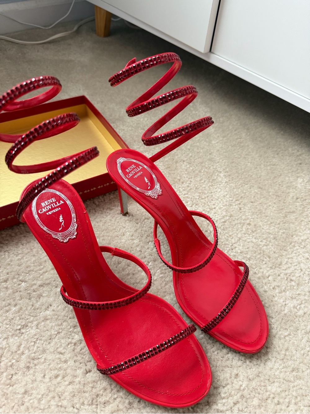 Rene Caovilla Red Spiral-Strap Crystal Sandals